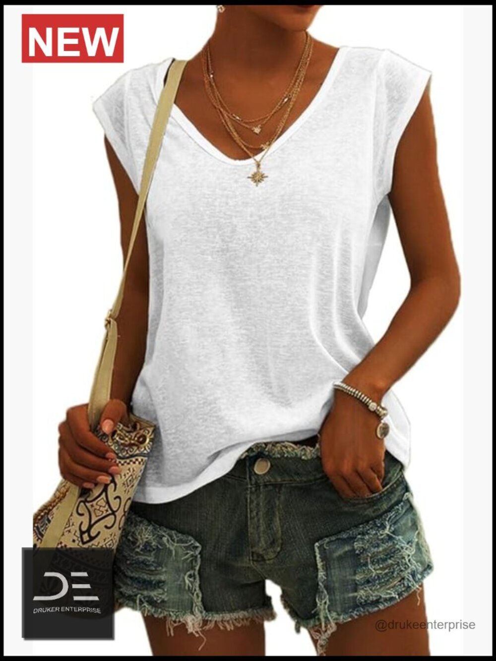 Cap Sleeve V-Neck Loose Fit Basic T-Shirt Tank Top